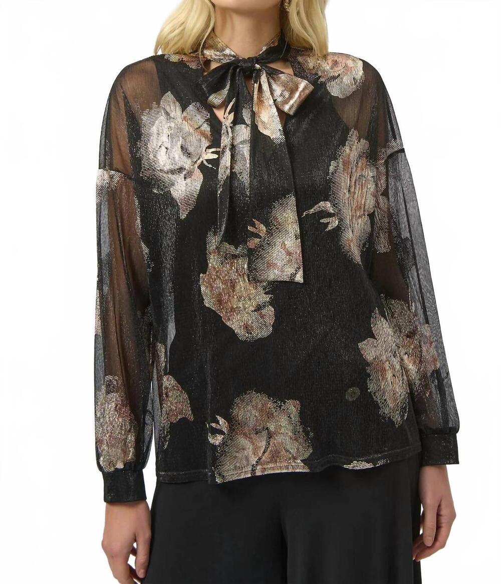 NEW JOSEPH RIBKOFF knit foiled v-neck 3/4 cuffed sleeves top in black multi